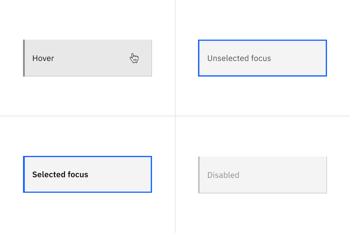 Examples of hover, unselected focus, selected focus, and disabled states for vertical tabs.